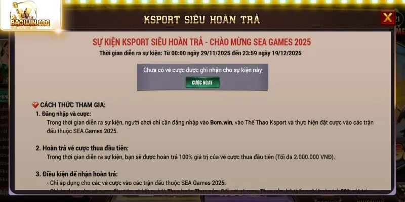 Sự kiện ưu đãi Ksport hoàn trả chào mừng SEA Games 2025